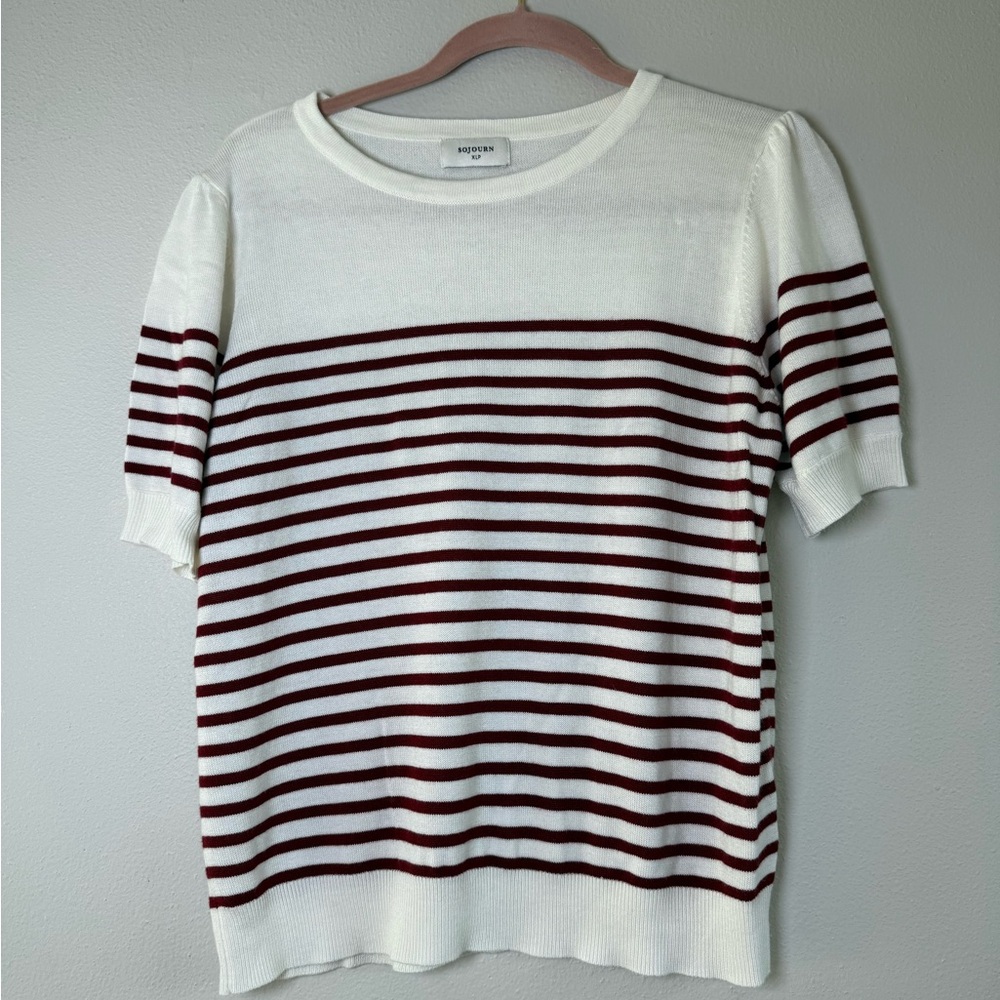 Striped Short-Sleeve Knit Top in White and Burgundy -